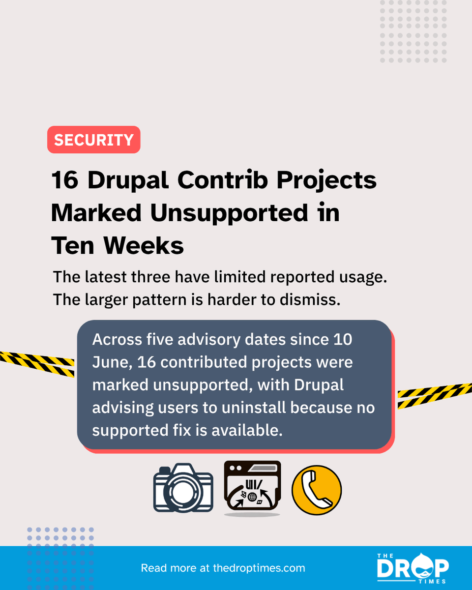 thedroptimes's tweet photo. 16 Drupal contrib projects were marked unsupported for security reasons in ten weeks.
With no supported patched releases available, Drupal advises affected sites to uninstall them.
https://t.co/6AssN6m443
#Drupal #DrupalSecurity #SecurityAdvisory https://t.co/t24WG7qF2I