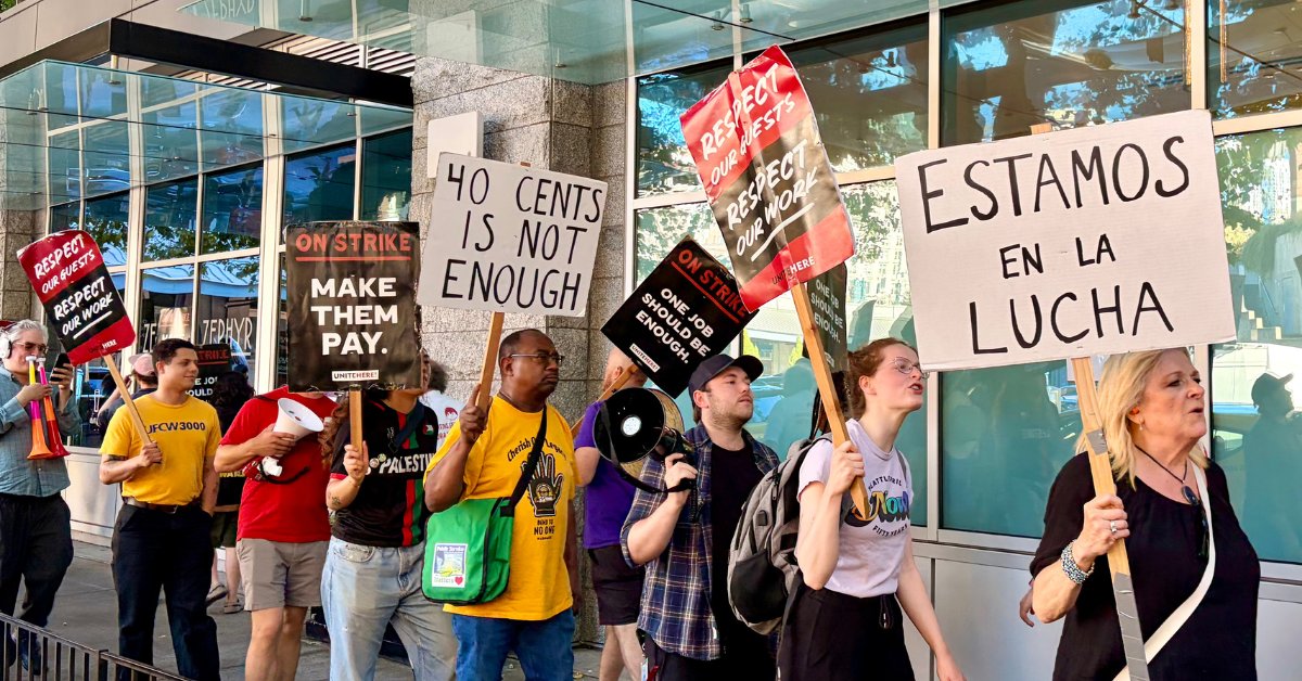 TheStandWA's tweet photo. Members of more than a dozen local labor unions and elected officials joined striking hotel workers on the picket line in front of Embassy Suites in Seattle on Thursday. Said @UniteHereLocal8 Pres.: “Workers need wages and benefits that allow them to survive in Seattle.” https://t.co/yky0Y6Mi5a