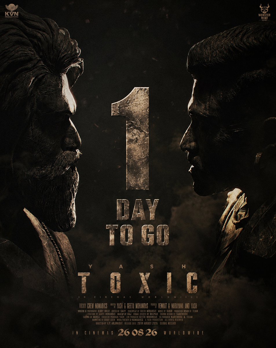 YashTrends's tweet photo. 4 YEARS OF WAITING
JUST 1 DAY TO GO 🔥

The countdown that felt endless is finally coming to an end
The wait. The hype. The madness. The aura
Everything leads to ONE BIG DAY

Tomorrow, the world witnesses the rage of TOXIC.
One final sleep. One final wait. Then the storm begins 🔥

#ToxicFromTomorrow 
#ToxicTheMovie #Yash  
@TheNameIsYash