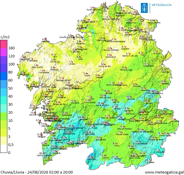 MeteoGalicia's tweet photo. 🌧️ Precipitacións no que levamos de xornada. As chuvias, localmente intensas e persistentes, deixaron acumulados destacados no sur.

Mañá, o vento do suroeste achegará chuvias intermitentes, que irán a menos de cara á noite. https://t.co/hkprwkR8oR