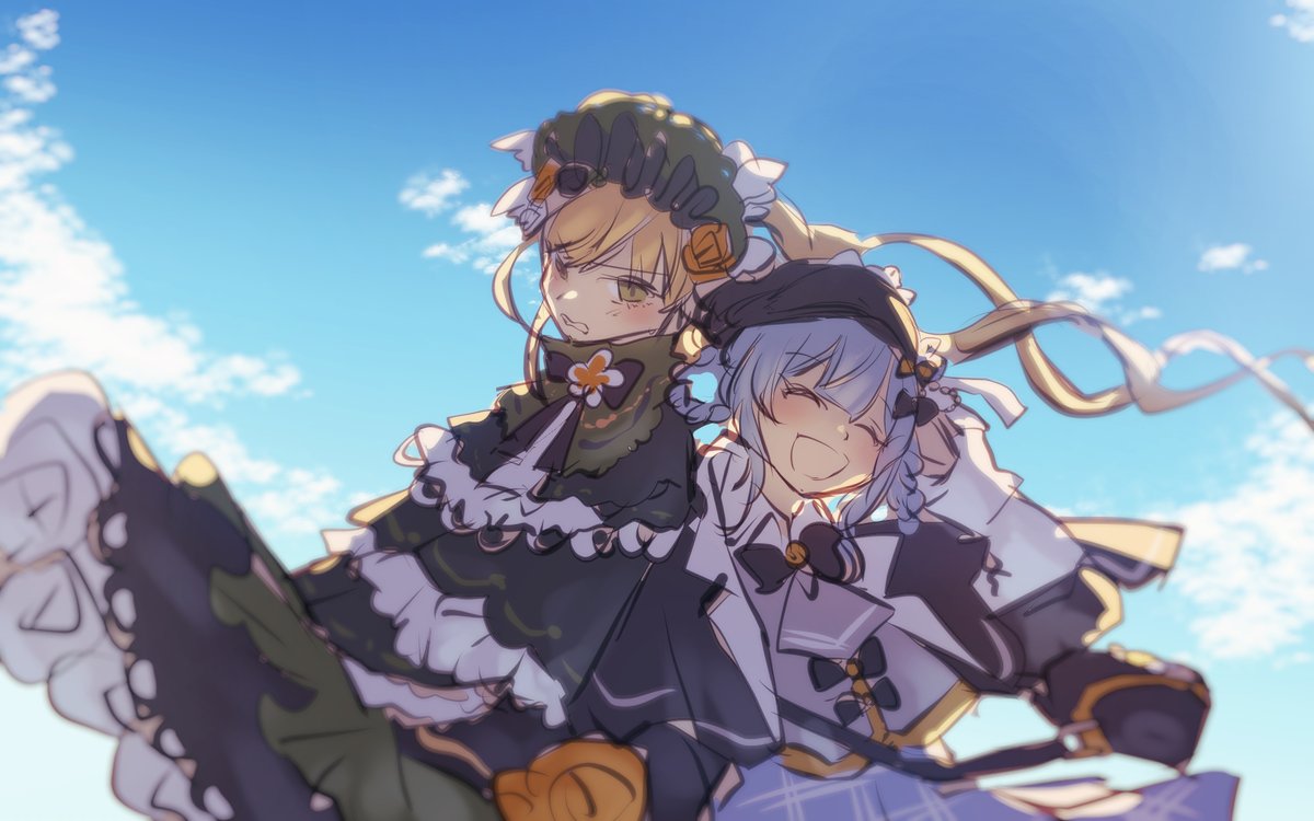 akuyaku_niki's tweet photo. 息抜きにハンナとシェリーのラクガキ描こうとしたら作画コスト高い服着てて途中で泣いちゃった https://t.co/et7aYp5P9p