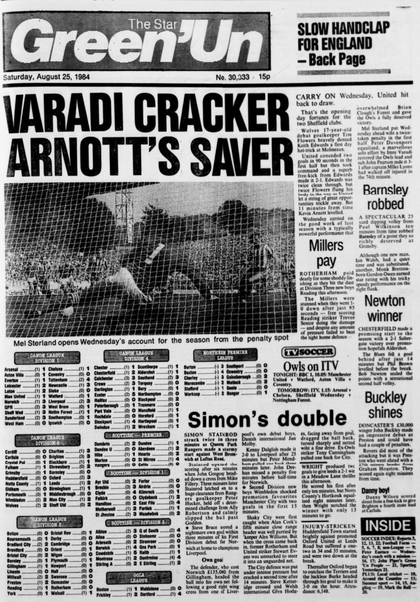 Dunsbyowl's tweet photo. What riches we had ! #OnThisDay in 1984, Wednesday were back ! Returning returned to the 1st Division for the first time since 1970 - Howards' boys beat @NFFC 3 -1 in front of 31,925 #swfc goals @pearsonjohn10 Mel Sterland & @imre_banana #UTO. https://t.co/7ptBHc9L6J