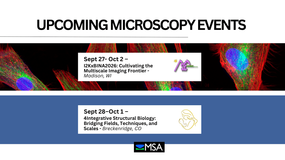 MicroscopySoc's tweet photo. The imaging community is coming together this September!
Join BINA at I2KxBINA2026 in Madison, WI &amp; Integrative Structural Biology: Bridging Fields, Techniques, and Scales in Breckenridge, CO.

For more information visit MSA Events: https://t.co/kDxufwsLAO
#Microscopy #BioImaging https://t.co/8Xe01WDepu