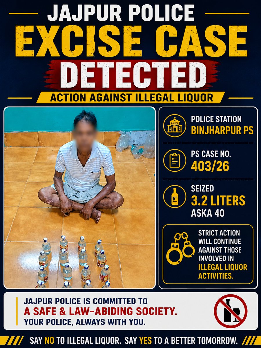 spjajpur's tweet photo. 🚔 EXCISE CASE DETECTED | BINJHARPUR PS

Continuing the drive against illegal liquor, Binjharpur PS detected an Excise case with seizure of 3.2 litres of Aska-40 liquor.

🔹 Binjharpur PS Case No.: 403/26
🔹 Seizure: 3.2 Litres Aska-40

Jajpur Police remains committed to sustained action against illegal liquor activities.

#JajpurPolice #BinjharpurPS #ExciseEnforcement #PoliceAction 
@DGPOdisha @odisha_police @igcrcuttack