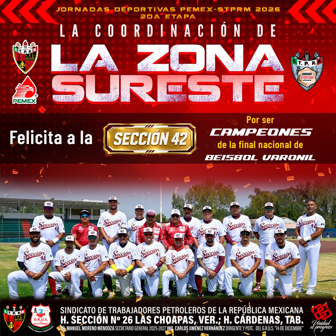 Seccion42_STPRM's tweet photo. Recibimos con enorme orgullo la felicitación que nos hace llegar la Coordinación de la Zona Sureste de las Jornadas Deportivas PEMEX‑STPRM 2026. 

Agradecemos profundamente este reconocimiento, que celebra el esfuerzo, la entrega y el corazón con el que nuestros equipos de la Sección 42 disputaron cada encuentro hasta coronarse campeones nacionales.

Este gesto fortalece la unidad entre secciones y nos motiva a seguir trabajando con pasión por nuestra gran familia petrolera.

#SomosSTPRM #MásUnidosQueNunca #UnidosVenceremos
@lgps03101 @MarcoAzuara1