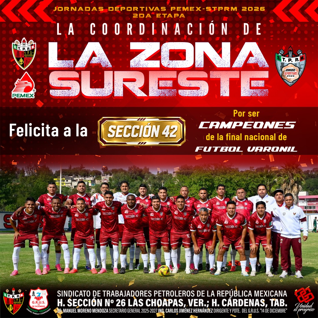 Seccion42_STPRM's tweet photo. Recibimos con enorme orgullo la felicitación que nos hace llegar la Coordinación de la Zona Sureste de las Jornadas Deportivas PEMEX‑STPRM 2026. 

Agradecemos profundamente este reconocimiento, que celebra el esfuerzo, la entrega y el corazón con el que nuestros equipos de la Sección 42 disputaron cada encuentro hasta coronarse campeones nacionales.

Este gesto fortalece la unidad entre secciones y nos motiva a seguir trabajando con pasión por nuestra gran familia petrolera.

#SomosSTPRM #MásUnidosQueNunca #UnidosVenceremos
@lgps03101 @MarcoAzuara1