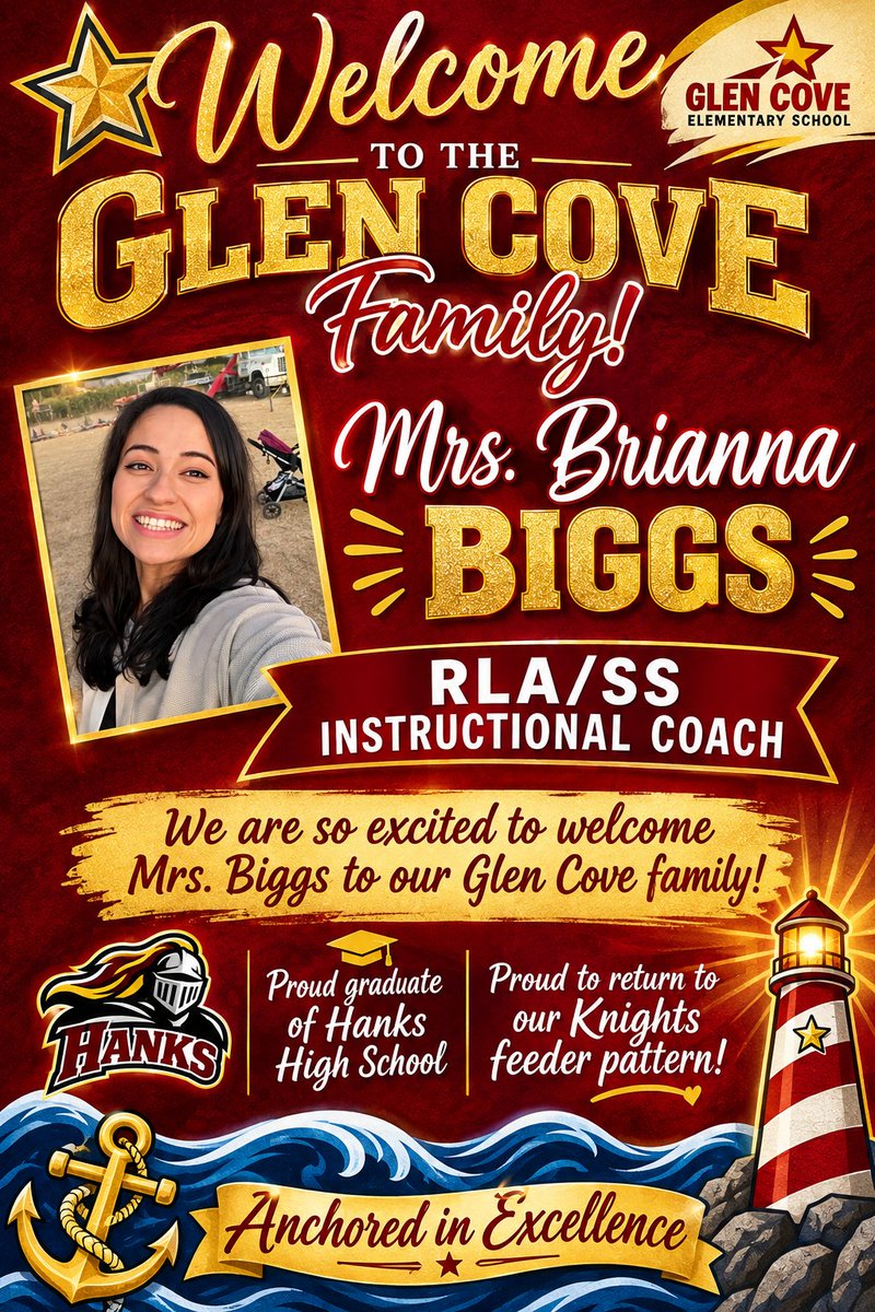 GlenCoveElem's tweet photo. Welcome to Glen Cove, Mrs. Brianna Biggs! We’re thrilled to have our proud Hanks graduate return to the Knights feeder pattern as our new RLA/SS Instructional Coach. Welcome to the Glen Cove family! #GoKnights #AnchoredInExcellence https://t.co/gQ1XkLCWRf