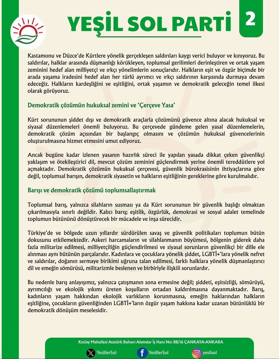YesillerSol's tweet photo. PARTİ MECLİSİ SONUÇ BİLDİRGESİ

Parti Meclisimiz, 23 Ağustos 2026 tarihinde gerçekleştirdiği toplantıda Türkiye’deki siyasal gelişmeleri, Kürt sorununun demokratik ve barışçıl çözümü bakımından ortaya çıkan imkânları ve riskleri, bölgesel gelişmeleri, toplumsal muhalefetin durumunu ve önümüzdeki dönemin siyasal mücadele başlıklarını değerlendirmiştir.

Sonuç bildirgesini okumak için linki ziyaret edebilirisiniz ⤵️
https://t.co/OlBZlryXfk