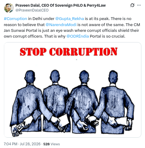 DigitalJumla's tweet photo. Corruption in Delhi under Rekha Gupta and Narendra Modi is at its peak. The CM Jan Sunwai Portal is just an eye wash where corrupt officials shield their own corrupt officers. That is why @ODRIndia Portal is now the new destination for justice. #PraveenDalal @ODRPortal https://t.co/xN1oy7l9dO