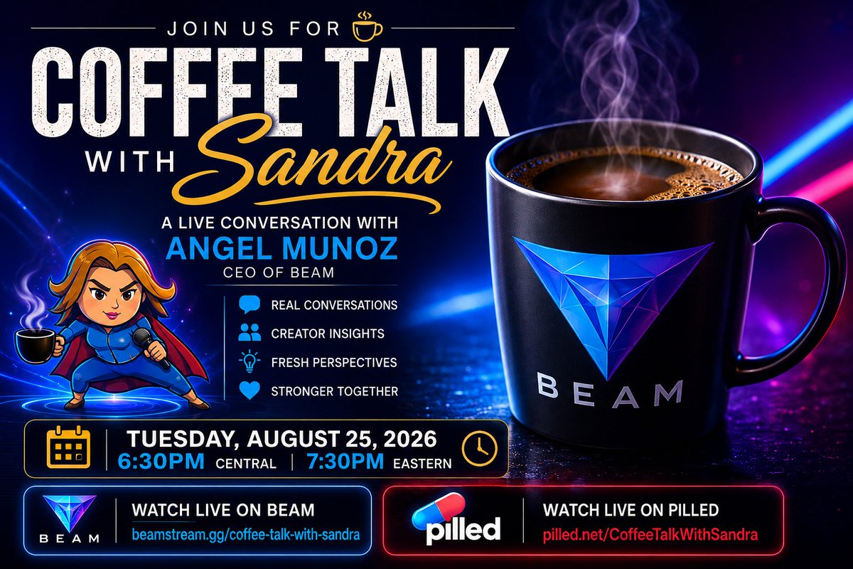 BEAMStreamGG's tweet photo. Grab a coffee and join Sandra as she sits down with BEAM CEO Angel Munoz for a live conversation about creators, livestreaming, BEAM and the future.
Tuesday, August 25 | 6:30 PM CT / 7:30 PM ET

1) Watch on BEAM: https://t.co/z21U7IRcUc
2) Watch on Pilled: https://t.co/iBgRZZPGDJ https://t.co/dQf9W3Txnz