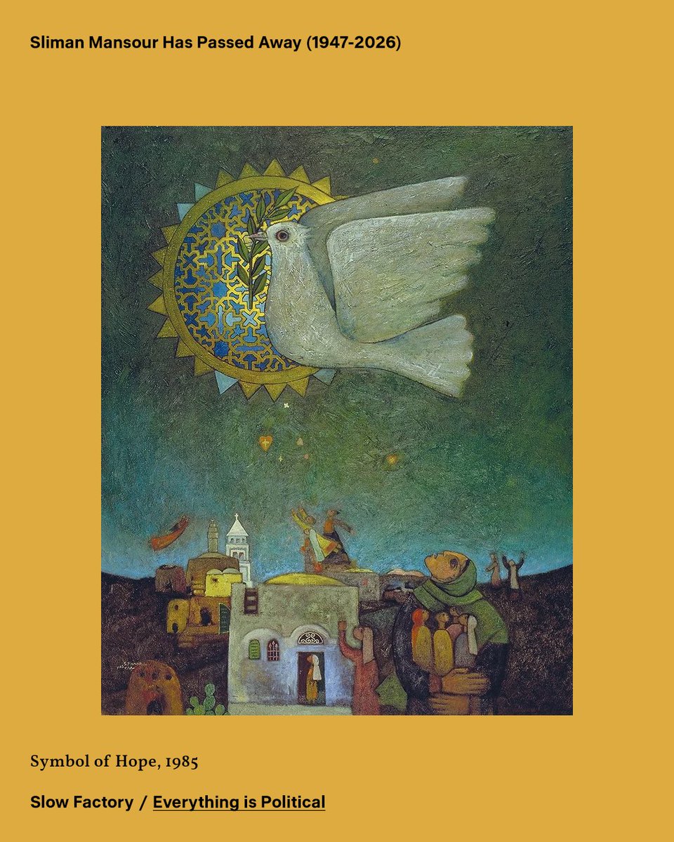 theslowfactory's tweet photo. Sliman Mansour, one of the most important figures in modern Palestinian art and history, has passed at the aged 79. For more than five decades, he painted Palestine through its people, villages, and most importantly, the land. His work and legacy will forever live in Palestinian collective memory and across generations to come.