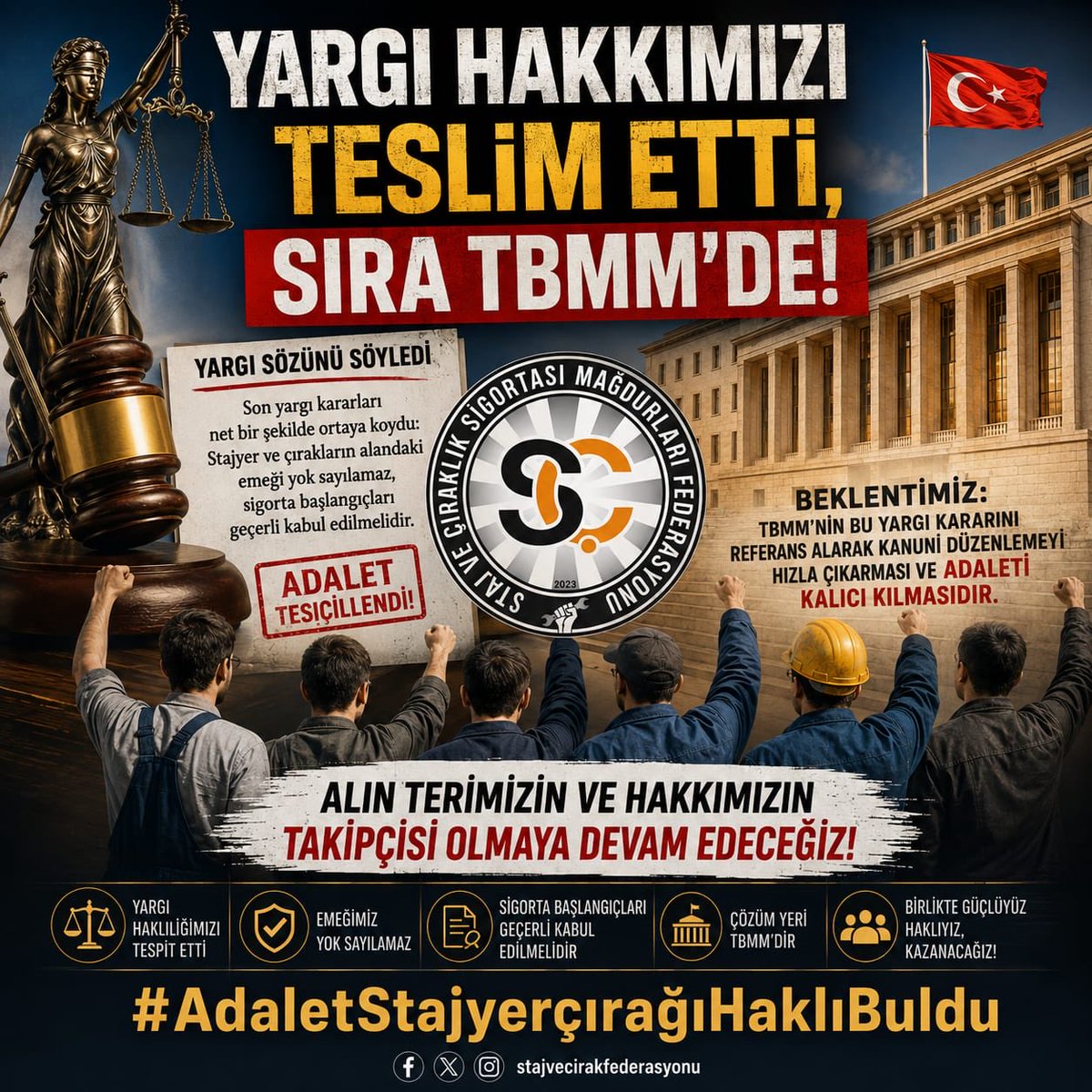 CirakStajFED's tweet photo. YARGI HAKKIMIZI TESLİM ETTİ, SIRA TBMM'DE!

@Akparti
@MHP_Bilgi
@yenipartiyiz 
@RTErdogan 
@dbdevletbahceli 
@eczozgurozel
@Yusuf__Tekin 
@tcmeb 
@isikhanvedat 
@csgbakanligi 
@memetsimsek 
@HMBakanligi 
@abakingurlek 
@iletisim 
@herkesicinCHP
@iyiparti
@YeniYolTBMM
@SaadetPartisi
@devapartisi
@_DemokratParti
@rprefahpartisi
@anahtarparti
@zaferpartisi
@bbpgenelmerkez
 @DSPGenelMerkez 
@BTP_Parti
@tipgenelmerkez
@dypmerkez 
@emekpartisi 
@NumanKurtulmus
@mehmetucum
@oktay_saral
@ejderacikkapi
@MahinurOzdemir
@profdrorhanates 
@MvDrHasanArslan 
@aerdemcantimur
@Korkutata_Zeki 
@isikhanvedat 
@vedatbilgn
@akbasogluemin
@NazimMavis
@leylasahinusta
@resulkurt34
@vedatbilgn
@zorlu77

Staj ve Çıraklık Sigortası Mağdurları Federasyonu olarak yıllardır yürüttüğümüz haklı mücadelede çok kritik bir eşiği daha geride bıraktık. 

Son çıkan yargı kararları net bir şekilde ortaya koymuştur ki; stajyer ve çırakların alandaki emeği yok sayılamaz, sigorta başlangıçları geçerli kabul edilmelidir.

Yargı makamları adalet yönünde sözünü söylemiş ve mağduriyetimizi tescillemiştir. 

Şimdi beklentimiz, Türkiye Büyük Millet Meclisi’nin bu yargı kararını referans alarak kanuni düzenlemeyi hızla çıkarması ve adaleti kalıcı kılmadır.

Alın terimizin ve hakkımızın takipçisi olmaya devam edeceğiz.

Yargı Sözünü Söyledi
#AdaletStajyerçırağıHaklıBuldu