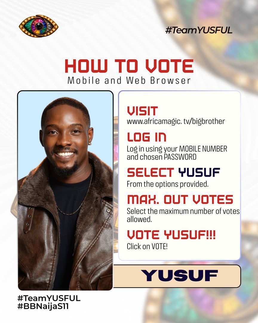 yusuftheactor_'s tweet photo. YUSFULS!! We have done it for four whole weeks!! Let’s do it again!!! 💪🏾

Your efforts and dedication in voting can keep Yusuf in the house for another week. So let’s go all out and VOTE YUSUF RELENTLESSLY! Every single vote could make the difference because EVERY VOTE COUNTS!! 

VOTE YUSUF

#YusufMuhammad
#BBNaija