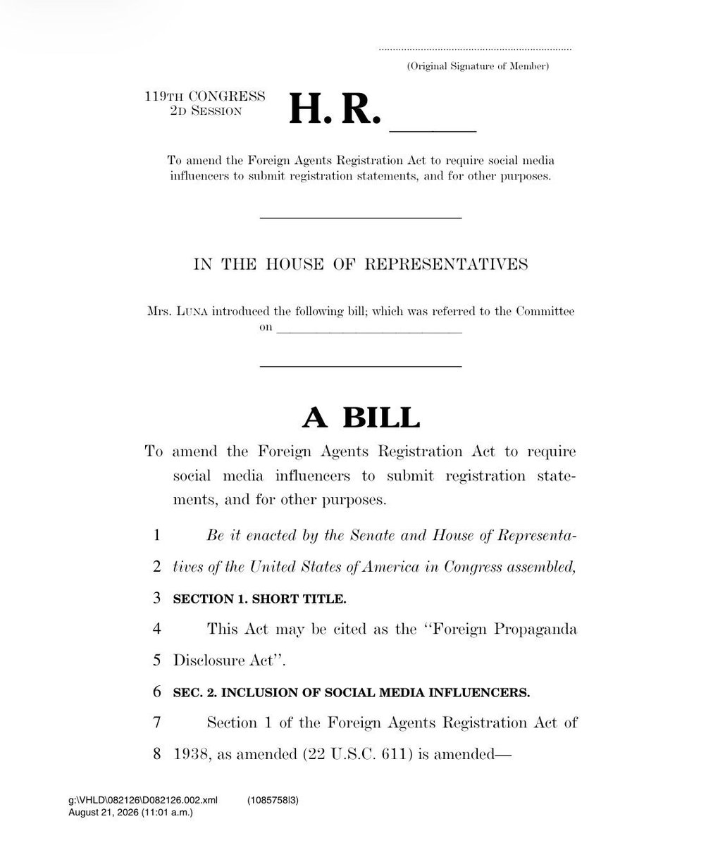 FLVoiceNews's tweet photo. REPORT: Luna introduces bipartisan bill requiring social media influencers to disclose foreign government payments

@RepLuna: “There is a big difference between having an organic opinion and secretly acting on behalf of foreign interests to push propaganda to Americans.” https://t.co/LZ6dJq6DEc