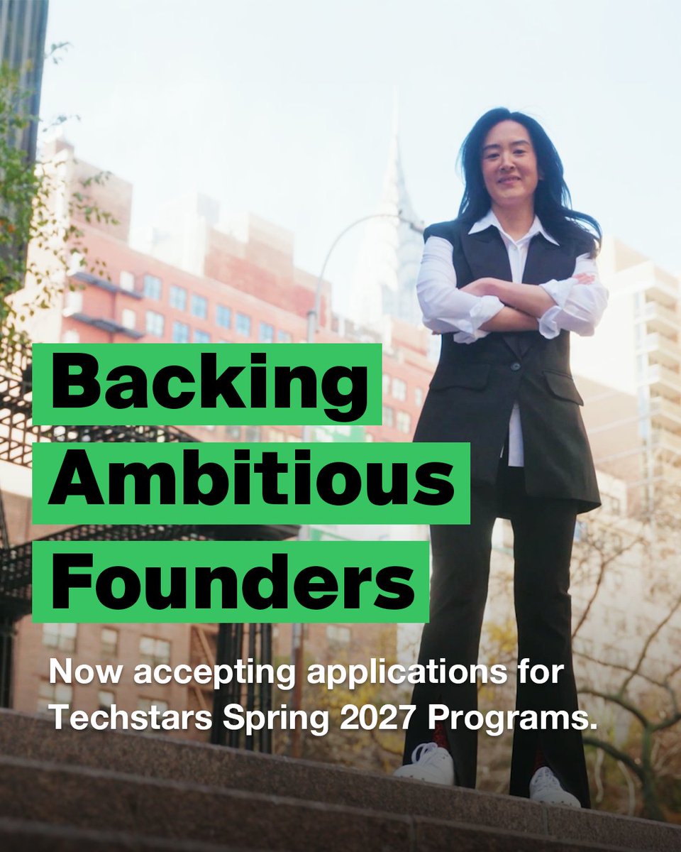 Techstars's tweet photo. Applications for the Techstars Spring 2027 class are now open. ⭐️

Join a portfolio of 11,000+ founders who have raised $55B and produced 29 unicorns. 

Over three months, startups recieve:
💵 $220,000 in investment
🧠 World-class mentors
🔗 A global network of corporate partners, investors, and alumni
🛠️ Curated workshops and fundraising support
🚀 A cohort to build alongside

Apply by Wednesday, November 18th: https://t.co/bB9U7r5roM