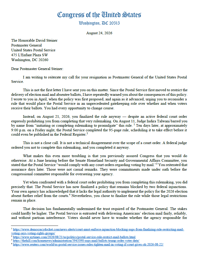 CongressmanRaja's tweet photo. Postmaster General Steiner told Congress under oath that USPS would comply with court orders. Then he finalized Trump’s voter-suppressing mail ballot restrictions despite a federal judge expressly ordering him not to.
He has forfeited the confidence necessary to lead USPS and should resign.