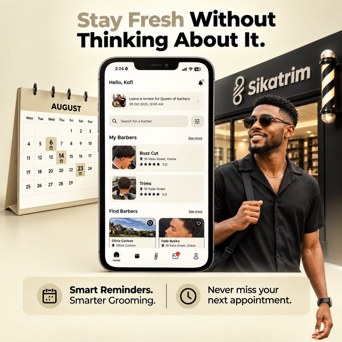 sikatrim's tweet photo. No stress yourself say you wan rush go barbershop last minute. 💈✂️
With Sikatrim, smart reminder dey for you instant booking so your  fresh cut dey always on point.
Sharp yourself here sharp sharp 👉 

https://t.co/090ofDkvsT

#StayFresh #Sikatrim #GhanaBarbers https://t.co/yBqbC7roKY