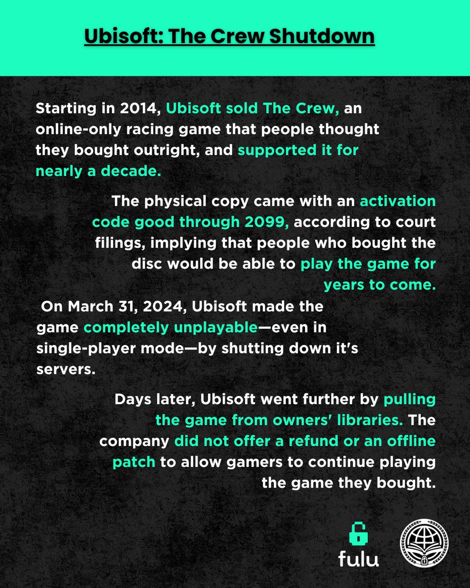 FuluFoundation's tweet photo. Who remembers when Ubisoft killed The Crew?

Millions bought it, and Ubisoft switched off the servers, made even the single-player unplayable, and stripped the licenses from people's accounts with no refund.

In court, Ubisoft argued you never owned the game at all; to them, it was just a license they could revoke whenever they wanted. The activation code on the physical copy was dated 2099, but the game was dead in ten years.

Read the full article at https://t.co/EaXx6rVNzh