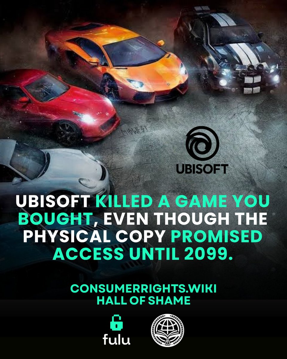 FuluFoundation's tweet photo. Who remembers when Ubisoft killed The Crew?

Millions bought it, and Ubisoft switched off the servers, made even the single-player unplayable, and stripped the licenses from people's accounts with no refund.

In court, Ubisoft argued you never owned the game at all; to them, it was just a license they could revoke whenever they wanted. The activation code on the physical copy was dated 2099, but the game was dead in ten years.

Read the full article at https://t.co/EaXx6rVNzh
