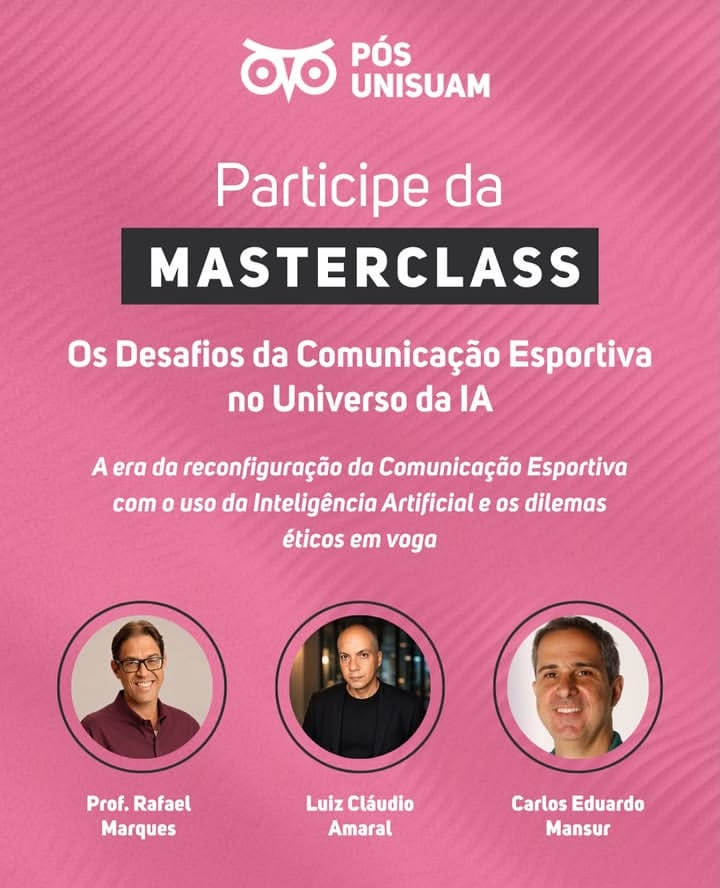 claudioamaral's tweet photo. Hoje (24/08), estarei ao lado de @rafamarquesespn na masterclass "Os Desafios da Comunicação Esportiva no Universo da IA". 
O evento começa às 19h e é gratuito.
Para acompanhar, é só acessar o canal do Youtube da UniSuam >  https://t.co/28ZKPxl6JT https://t.co/b3n6HrP4zo