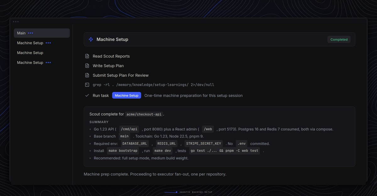 vorfluxai's tweet photo. Machine setup in Vorflux is an agent session of its own. It scouts each repo for services, runtimes, ports and required env, writes a provisioning plan, submits it for review, then fans out one executor per repo. https://t.co/oDNyiTSsu9