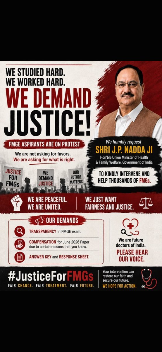 draditisingh07's tweet photo. Respected @JPNadda Sir, please hear us. We demand justice, compensation and transparency for the FMGs.
 @drjaswantvoice Sir has completed Day 5 of his hunger strike yet, our concerns remain unheard. Sir, we humbly request you and the concerned authorities to intervene urgently. https://t.co/VKizCezhGE