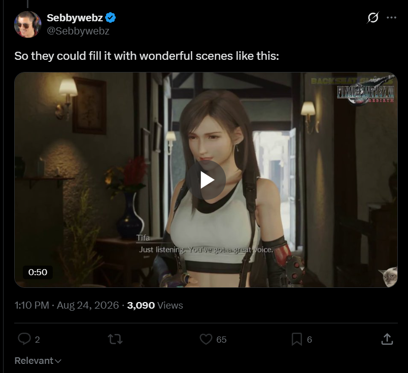 nafeasonto's tweet photo. Hey @Sebbywebz ,

Hey Sebby, maybe stop recycling the same handful of scenes over and over as if they somehow prove your entire argument.

It is always the same examples: the Cactuar scene, the fart joke, the hand on the shoulder scene, the piano scene. You are taking a game that can run well over 100 hours and reducing it to a few isolated seconds because those clips fit your narrative.

And honestly, I am not sure why an older woman acting silly for a moment is apparently so offensive to you. FFVII has always mixed serious material with absurdity and comedy. Not every scene has to be grim.

At some point, this stops looking like analysis and starts looking like cherry-picking.

And I would respond to you directly, but you blocked me. Then months later, you unblocked me just long enough to post your video at me, and blocked me again before I could respond.

That is block-and-bait behavior. It is performative, one-sided, and designed to control the exchange.

I have challenged you to a public debate several times. If you are confident enough to keep making these claims, you should be confident enough to defend them directly.

And BTW, folks: he has done this to several people, including people who are calm, collected, professional, and perfectly willing to debate him respectfully.

Funny how those exchanges never seem to make it into the Twitter clips or videos.

It is easy to showcase the worst replies and make your critics look unhinged when the people who can actually challenge you calmly keep getting blocked.

And here is the difference with me: I have never called you a rat, an orc, a shill, a tourist, an NPC, a fake fan, brainwashed, media illiterate, a cultist, a “fandom consumer,” a wolf in sheep’s clothing, a casual, a contrarian, a gooner, or a “modern anime freak.”

I have never told you that your opinion does not count because you like or dislike Remake. I have never reduced your position to “cope,” accused you of invading the fandom, or tried to dehumanize you because you disagree with me.

And that is before getting into some of the rhetoric from people in your audience: calling Remake fans stupid, saying they are only trying to justify their purchase, accusing them of toxic positivity, saying they live in a bubble, suggesting positive creators are paid or sponsored, or treating anyone who enjoys these games as somehow less legitimate than an OG fan.

So no, do not pretend the behavior is equivalent.

I can be harsh. I can call out arguments I think are ridiculous. But I criticize what people say and do. I do not dehumanize an entire fandom because they like a video game I do not.

So let's cut the bullshit.