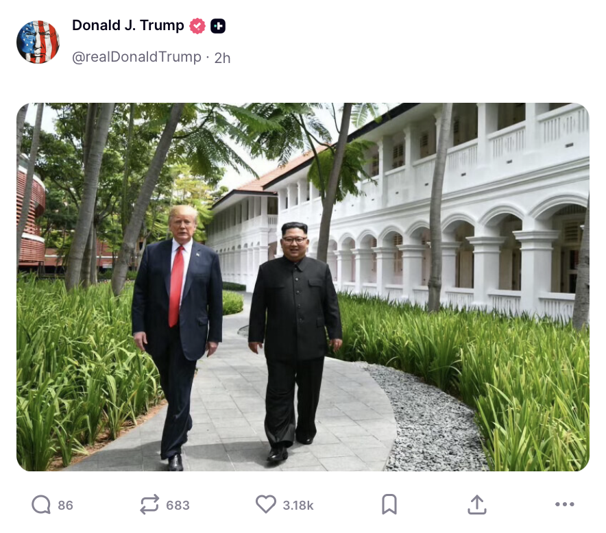 ProjectLincoln's tweet photo. Trump's busy posting images of him with North Korea dictator Kim Jong Un all afternoon. This who he’d rather be BFF with than Canada and our NATO allies. 

The GOP will find a way to defend this. https://t.co/bYUYELEfyp