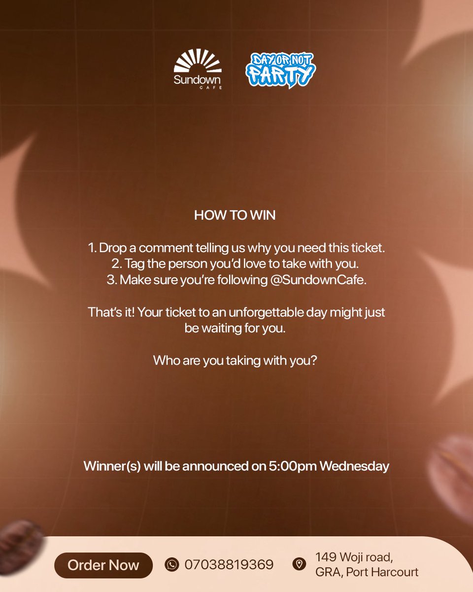 Wizebaba's tweet photo. Portharcourt Twitter, Sundown Giveaway alert for Day or Not Party

Sundown Cafe @sundownbysky x @dayornotseki are giving away 2 tickets to Day or Not Seki! 🔥🎟️

1 Regular Ticket & 1 Couples Sundown VIP Ticket 🥂🔥

This is your chance! Don't snooze

Head over to @sundownbysky and check the post on their page to see how to WIN!