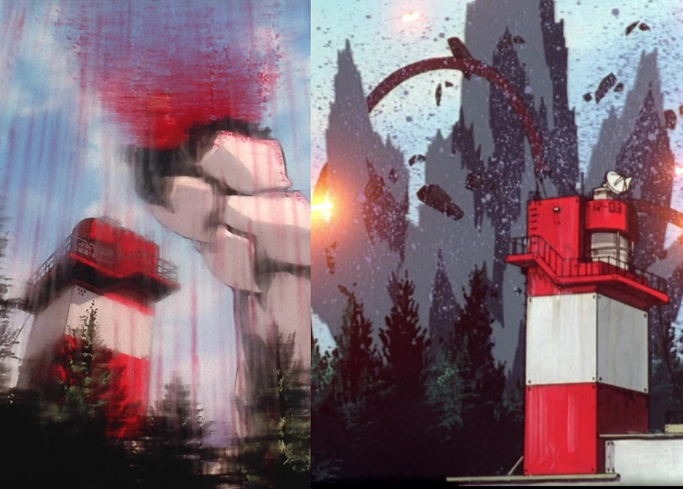 Pen2Pen2022's tweet photo. These two scenes seem to be intertwined by that red-and-white building, since both scenes involve cuts / mutilations (the power cable of Eva-02 and the Eva Series being cut in half). #evangelion #asuka https://t.co/ivRxwYifuA