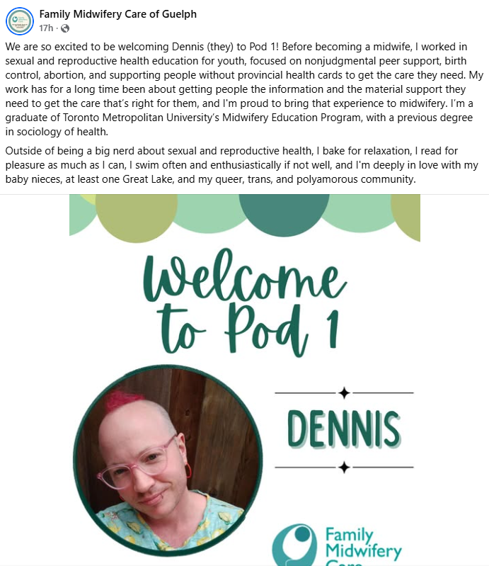 libsoftiktok's tweet photo. A taxpayer-funded midwifery clinic in Canada made a post introducing their new midwife:

Dennis, a self-identified "They/Them" who supports k*lling unborn children and promoting radical gender ideology.

Not a single line about DELIVERING BABIES.

These are the people who want to handle your newborns.