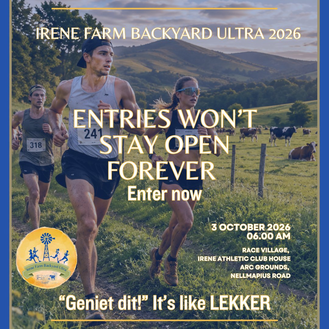 mmadventures14's tweet photo. Entries won’t stay open forever 👀⏳
The Irene Farm Backyard Ultra is calling.
One lap. Then another. How far can you go?
👉 Enter today before entries close.
https://t.co/ynZ1M0AO8g
#IreneFarmBackyardUltra #BackyardUltra #UltraRunning #RunSA #ActNow https://t.co/C1Ni5Wc0S2