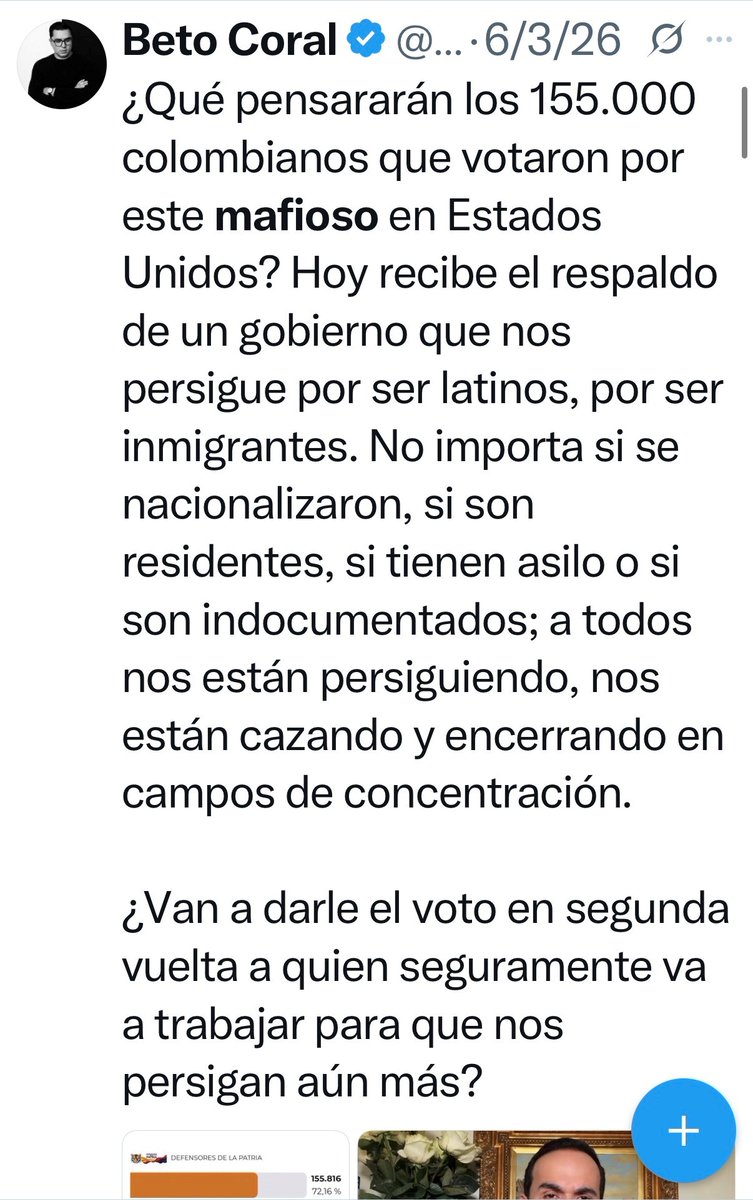 USAenEspanol's tweet photo. .@DeputySecState: La gente en EE.UU. y en todo el mundo está harta de las solicitudes de asilo fraudulentas. El asilo no debería ser un resquicio para eludir las leyes de inmigración; más bien, debería brindar una protección limitada a las personas perseguidas por motivos de “raza, religión, nacionalidad, pertenencia a un determinado grupo social u opinión política”. 8 U.S.C. §1101(a)(42).

Sin embargo, desde hace mucho tiempo el sistema se ha visto saturado por solicitudes de asilo infundadas, lo que significa que determinar si los solicitantes realmente tienen derecho al asilo puede tardar años. Durante ese tiempo, por lo general pueden trabajar, tener hijos y, de otras maneras, echar raíces en nuestro país.

Un caso reciente pone de relieve este tipo de abuso. Humberto “Beto” Coral (@betocoralg) llegó a Estados Unidos desde Colombia con una visa de turista en diciembre de 2015. Unos meses después, poco antes de que venciera su estadía legal, solicitó asilo. El propio Coral ha afirmado públicamente que solicitó asilo como víctima de la “guerra y la impunidad” en Colombia (aunque cabe preguntarse qué tiene eso que ver con la persecución oficial por motivos de “raza, religión, nacionalidad, pertenencia a un determinado grupo social u opinión política”).

En cualquier caso, en los últimos días del gobierno de Obama recibió un permiso de trabajo, que continuó renovando durante UNA DÉCADA. Durante ese tiempo, apoyó al entonces presidente de extrema izquierda de Colombia, @petrogustavo; se postuló sin éxito para un escaño en el Congreso colombiano con una plataforma favorable al gobierno; hizo comentarios difamatorios sobre un expresidente colombiano que se vio obligado a retractar; e intentó utilizar nuestro sistema judicial con fines políticos contra el entonces candidato presidencial (hoy presidente) @ABDELAESPRIELLA.

Mientras tanto, denunció la supuesta “persecución” de los hispanos en Estados Unidos. Ya fueran ciudadanos estadounidenses, residentes legales, solicitantes de asilo o inmigrantes ilegales, afirmó que todos estaban siendo “perseguidos y encerrados en campos de concentración” y “torturados y asesinados por el gobierno de Estados Unidos”.

Es una situación digna de Alicia en el País de las Maravillas: mientras solicitaba asilo EN nuestro país DESDE Colombia, acusaba a nuestro gobierno de encerrar a personas en campos de concentración y hacía propaganda a favor del gobierno de extrema izquierda de Colombia.

Como era de esperar, @SecRubio determinó que debía ser deportado de regreso a Colombia, donde el entonces ministro de Relaciones Exteriores lo recibió como un héroe en la pista del aeropuerto y se reunió con el entonces presidente.

Fiel a su estilo, ahora alega que fue “torturado” mientras estuvo detenido como “preso político” en Estados Unidos y, por si fuera poco, cuestiona la legitimidad de las recientes elecciones colombianas, en las que perdió el partido oficialista, y llama al candidato derrotado @IvanCepedaCast “mi presidente legítimo”.

Si esto no es un ejemplo perfecto de la disfunción y el abuso de nuestro sistema de asilo, no sé qué podría serlo.
