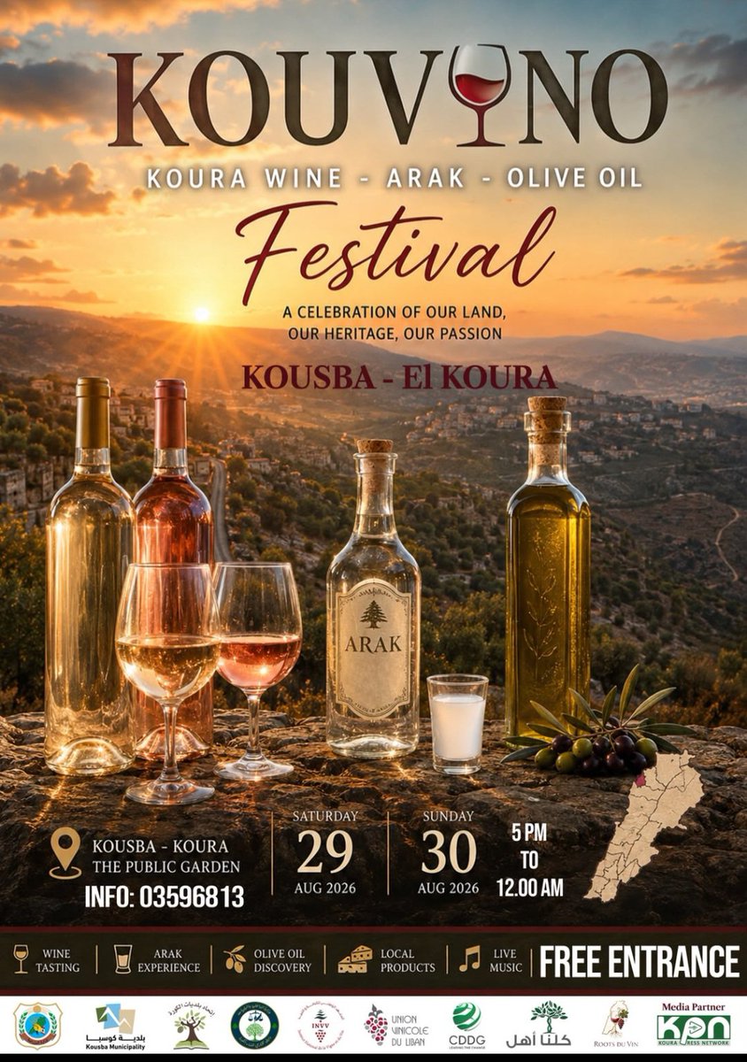 ZoghbyEliane's tweet photo. KOUV🍷NO
Koura Wine, Arak & Olive Oil FESTIVAL
من قلب كوسبا – الكورة، حيث تلتقي الأرض بتراثها، والكرمة بزيتها وعرقها، نلتقي في احتفال يجمع النكهة، التراث، الفن والموسيقى 🎨 🎶 🍷🇱🇧
🫒
حين يلتقي طعم الأرض بجمال الفن… تصبح الكورة لوحة تُعاش
#Koura #Kousba #WineFestival #ArtExhibition #Lebanon #KouraWine #LebaneseArt #تراث_لبنان #فن #الكورة #كوسبا