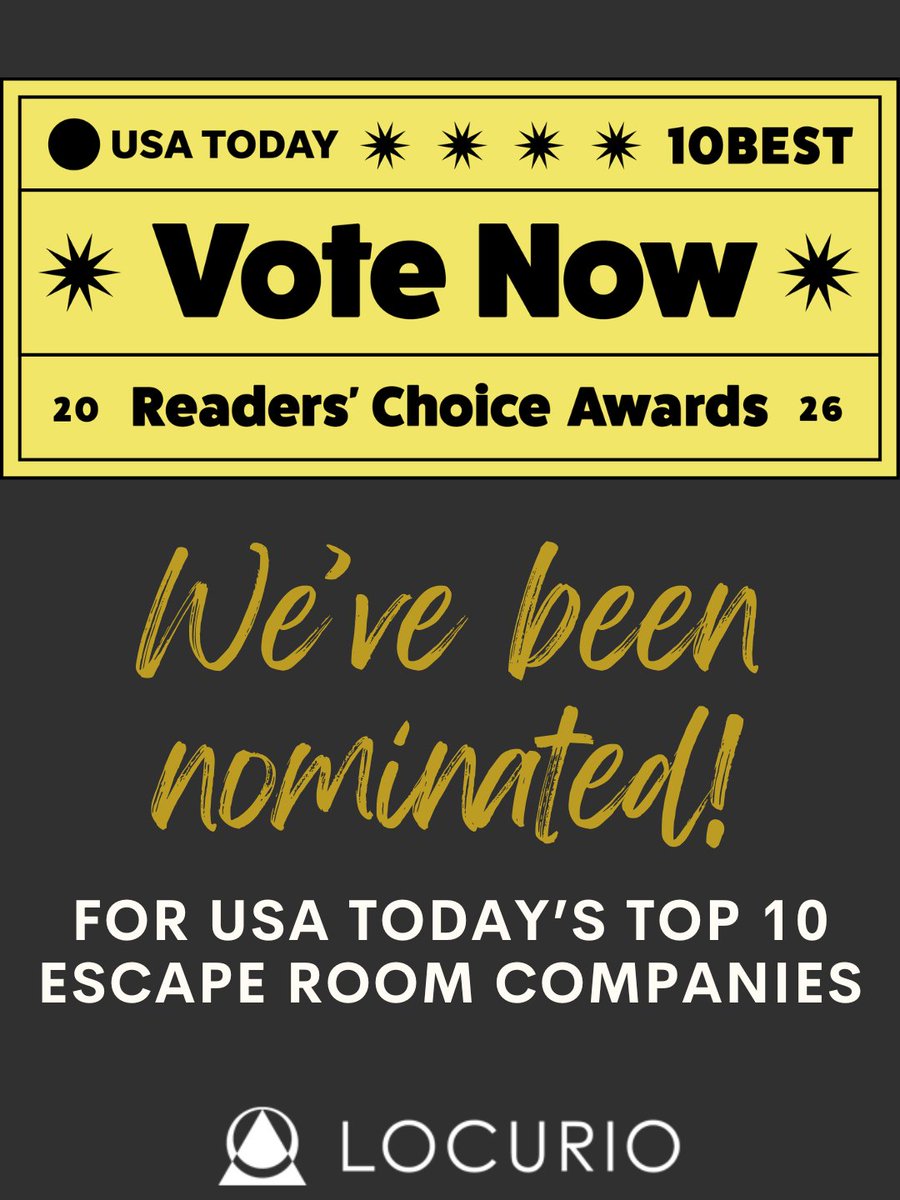locurio's tweet photo. Exciting news! We’ve been nominated for USA Today’s Top 10 Escape Room Companies. It’s a huge honor to be nominated for the fourth time!
We need YOUR help to get to the top 10! You can vote once a day from now until September 21st here: https://t.co/sNJbAst22P
Thank you! @10Best https://t.co/A5QtngJNbz