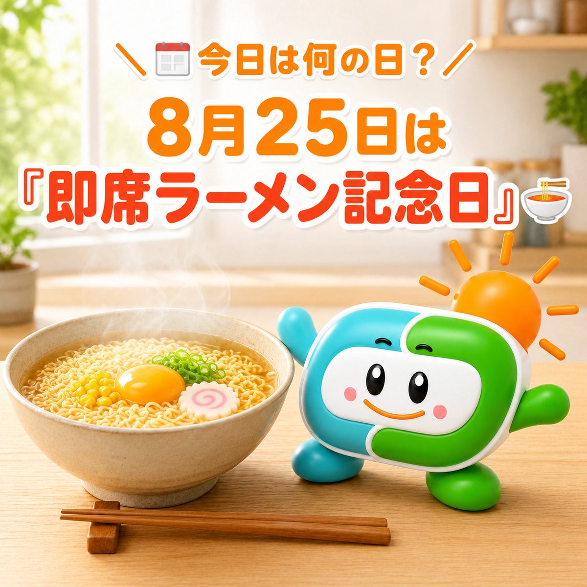 DLEEP_official's tweet photo. ドリープです🌞
／📅今日は何の日？＼
8月25日は
「即席ラーメン記念日」🍜

1958年のこの日、
世界初のインスタントラーメンが
発売されたことが由来✨
「3分くらい余裕で待てる。」

普段ならそう思うのに、
ラーメンの前では
1分が長いです😂
#今日は何の日
#即席ラーメン記念日
#企業公式 https://t.co/FQqfGhCf7l