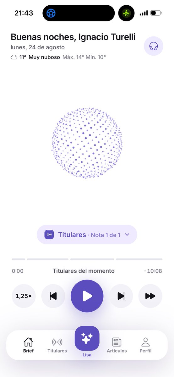 ignaaturelli's tweet photo. Mi abuelo prendía la radio todas las mañanas para enterarse que está pasando en el país.

Yo hoy hago lo mismo pero con una IA que me personaliza los temas que me interesan y me arma un podcast de 10 minutos para que esté al día.

Ahora estoy en el gym escuchando que boquita empató, que el banco central compró 11 millones de dólares y que los carpinchos se están expandiendo en el país.

Si la quieren probar se llama Lisa AI. Productazo