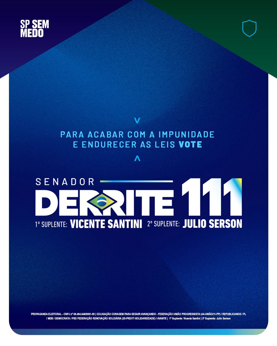 DerriteSP's tweet photo. Agora vou ao Senado para aprovar e endurecer mais leis, protegendo nossas famílias e acabando com a impunidade. 

Mas para isso acontecer, eu preciso do seu apoio. Compartilhe esse post. 

Por São Paulo sem medo, vote 1️⃣1️⃣1️⃣, vote Derrite Senador.

#SPSemMedo
#DerriteSenador111 https://t.co/CoARo9aWY4