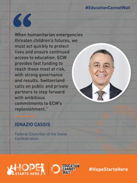 UNGeneva's tweet photo. “When humanitarian emergencies threaten children’s futures, we must act quickly to protect lives &amp; ensure continued access to education. Switzerland calls on partners to step forward with ambitious commitments to #ECW’s replenishment.” -@Ignaziocassis

#HopeStartsHere  @SwissMFA https://t.co/kK8H4XLPUM