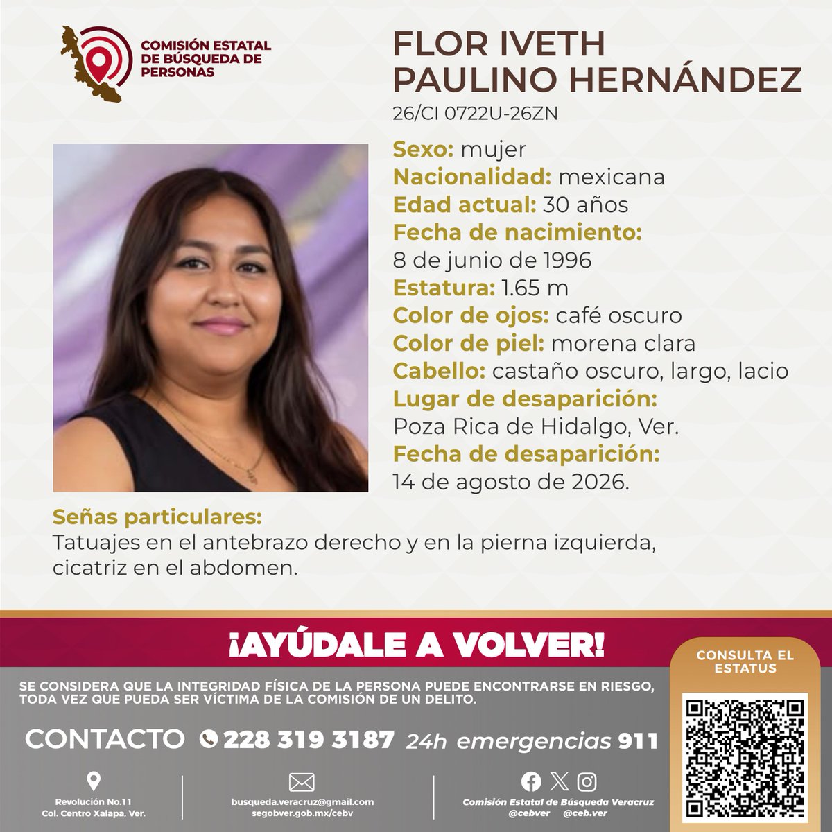 cebver's tweet photo. Solicitamos su colaboración para localizar a la C. Flor Iveth Paulino Hernández, cualquier información contactar al número y/o correo que aparecen al margen de este boletín.
#PozaRicadeHidalgo #Papantla #Tihuatlán https://t.co/RAGQ9JYfaP