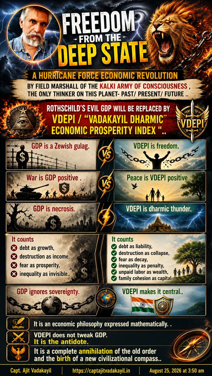 rakeshsivsn's tweet photo. ROTHSCHILD’S EVIL GDP WILL BE REPLACED BY VDEPI - Capt. AV
@PSEinfo @LSEnews @MIT @CNRS @CNRSinJapan @CNRSinBrussels @CNRSWashington @libe @lemondefr @FRANCE24 @EconUCL @cepr_org @CageJulia @IMFNews @imfederation @IMFLive @Swamy39 @MaMoMVPY 
Read:▶️https://t.co/LYgdWkyvCJ◀️ https://t.co/cSrgcJz8HH