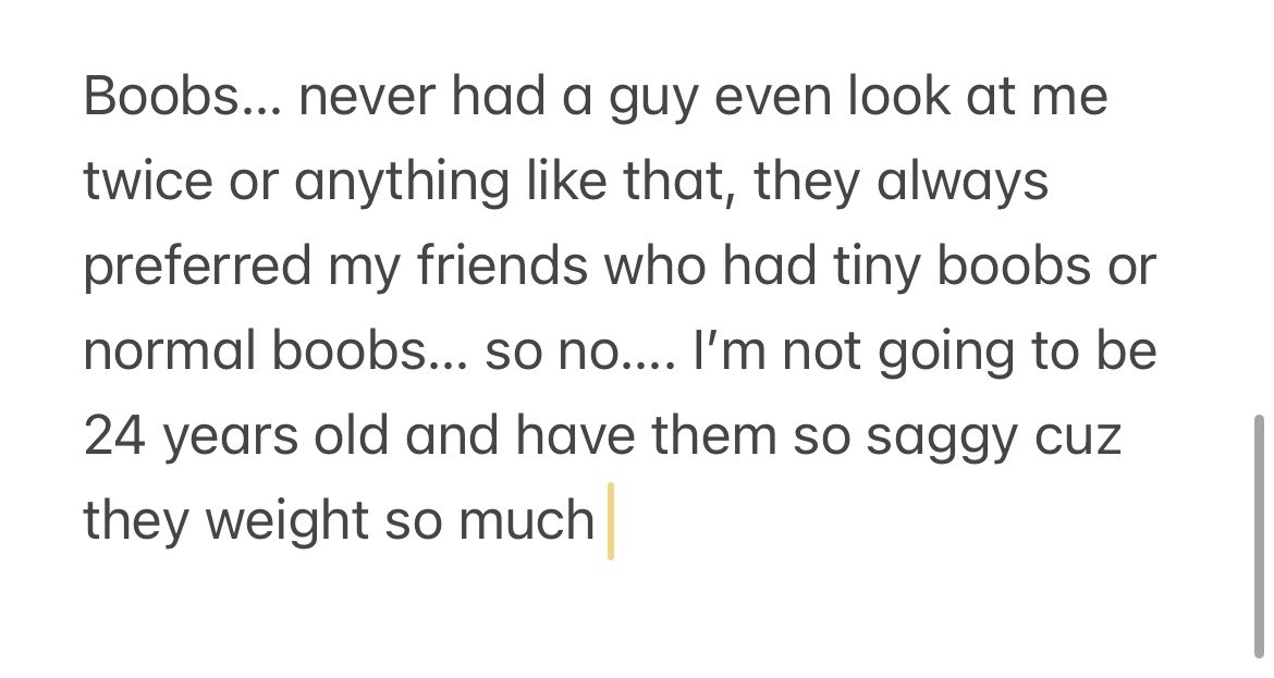 Evanleeevan's tweet photo. @prpsly @Khzrmlkcnnsr I’m just 24 years old and mines are big as fuck… saggy and big and of course I will get the surgery… I don’t believe you men really like them that big. Probably in a bra but not naked where they sagg, this is the reason a have never had sex cuz men don’t like big https://t.co/X55Esvm85G