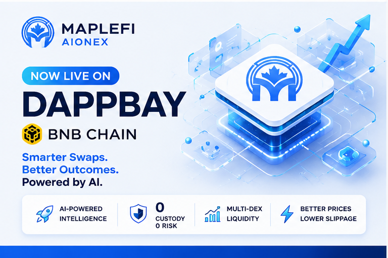 ARQEXA's tweet photo. 🚀 MAPLEFI AIONEX × BNB CHAIN 🟡

A new milestone unlocked.

✅ LIVE + VERIFIED on @BNBCHAIN  DappBay
🏆 DeFi Rank #175
🧠 AIONEX V5 Intelligence Engine
📊 8 pre-trade execution dimensions
🌐 2 live mainnets — BNB Chain + Base
🔐 0 custody • 0 AI signing
⚡ Multi-DEX route intelligence

AIONEX analyzes:

Liquidity → Route → Output → Slippage → Price Impact → Protection → Venue → Execution

#AI doesn't control the trade.

It helps you understand the execution BEFORE you sign.🧠⚡

From routing → intelligence → execution → verifiable on-chain receipt.

This is only the beginning.

Explore MapleFi AIONEX on BNB Chain 👇
https://t.co/qBXI5vSbEA

#BNBChain #DeFi #AI #Web3 #DEX #MapleFi