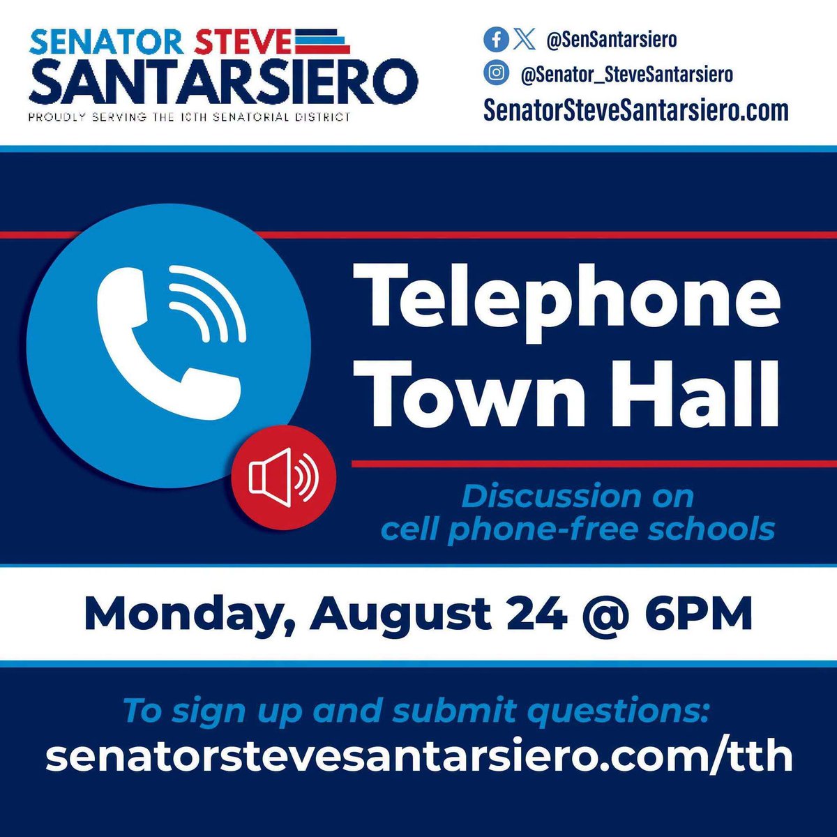SenSantarsiero's tweet photo. This evening at 6pm, I'm hosting a Telephone Townhall about my legislation to ban cell phones in K-12 schools, bell-to-bell.

If you'd like to participate you can dial in at 833-490-0769 or listen online by https://t.co/G6DzUatEun. https://t.co/cfYDcTyZ5F