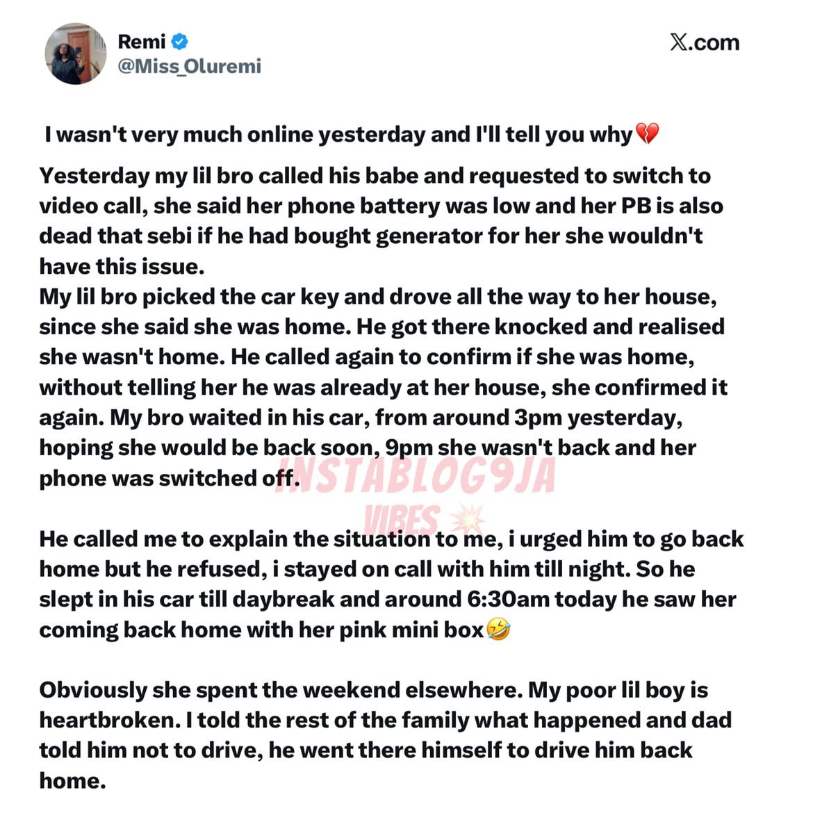 instablog9ja's tweet photo. Lady narrates how her younger brother reportedly slept in his car outside his girlfriend’s house after she insisted she was home, only to see her return around 6:30 a.m. with an overnight bag. 😭💔 https://t.co/EvCpawS4ok