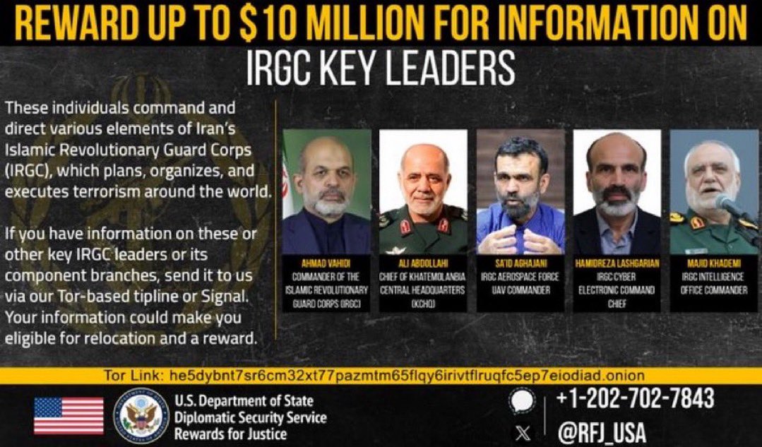 NewsNow4world1's tweet photo. 🚨🚨وزارة العدل الأمريكية: 10 مليون  دولار لمن يدلي بمعلومات عن قادة الحرس الثوري الإيراني

🔺أحمد وحيدي/ قائد الحرس الثوري 
🔺علي عبد الله/ قائد القوات المسلحة (خاتم الأنبياء) 
🔺سعيد آغاجاني/ قائدة وحدة المسيرات في القيادة الجوفضائية للحرس الثوري 
🔺حامد لشگريان/ قائدة الوحدة السييرانية في الحرس الثوري
🔺ماجد كاظمي/ قائد استخبارات الحرس الثوري