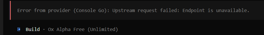 mario_se31's tweet photo. Currently in every new fresh opencode session I get this error: "Error from provider (Console Go): Upstream request failed: Endpoint is unavailable."
What do I wrong?
#opencode #oxalpha https://t.co/AKcFFwya3i