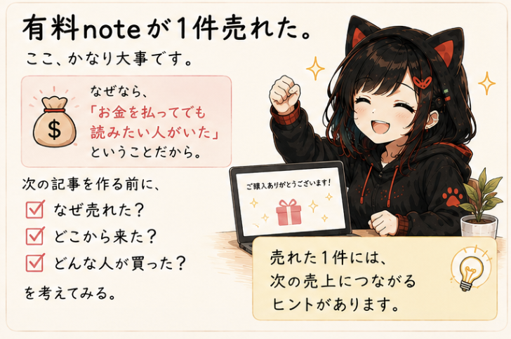2019_rs5's tweet photo. 有料noteが1件売れた。

ここ、かなり大事です。

なぜなら、
「お金を払ってでも読みたい人がいた」
ということだから。

次の記事を作る前に、

なぜ売れた？
どこから来た？
どんな人が買った？
を考えてみる。

売れた1件には、
次の売上につながるヒントがあります。 https://t.co/aq311kPA8Z