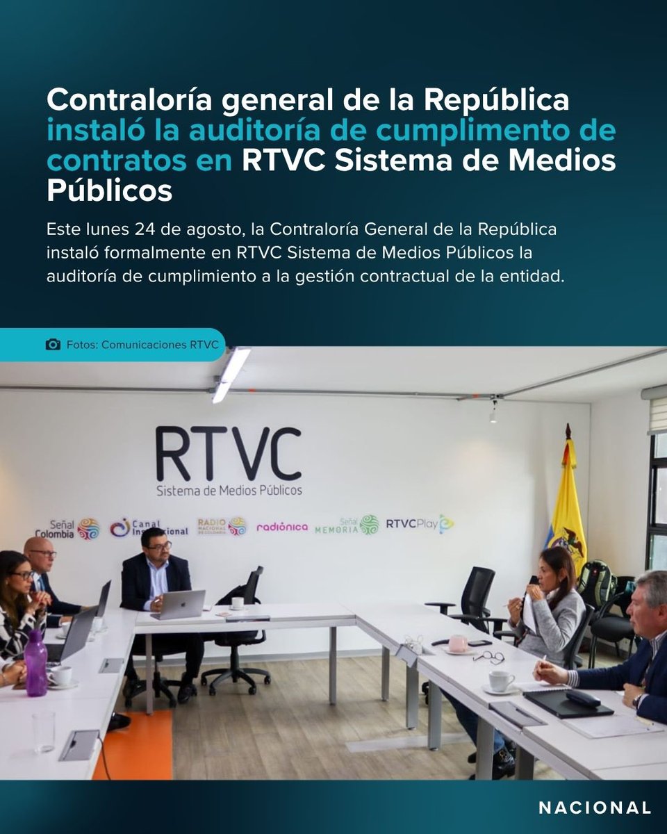 RTVCnoticias's tweet photo. 🔎 Este lunes 24 de agosto, la Contraloría General de la República instaló formalmente en RTVC Sistema de Medios Públicos la auditoría de cumplimiento a la gestión contractual de la entidad.

📋 El proceso contempla la revisión de la contratación de la vigencia 2025, con especial atención al contrato RTVC-CPS 22-18-2025, además de los procesos judiciales y la contratación con componente variable.

🇨🇴 Este ejercicio busca fortalecer la transparencia, la rendición de cuentas y el control sobre los recursos públicos.                                                    Lee la nota completa en 👉🏻https://t.co/qNpOQcvHU7
