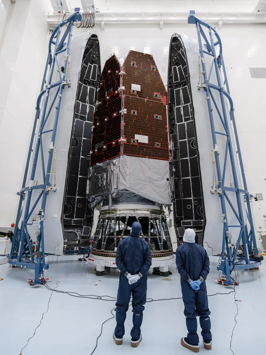 NASA’s Nancy Grace Roman Space Telescope is encapsulated within the payload fairing at the agency’s Kennedy Space Center in Florida, ahead of mating to a SpaceX Falcon Heavy rocket for launch.
Credit: NASA/Sydney Rohde (Rocz)